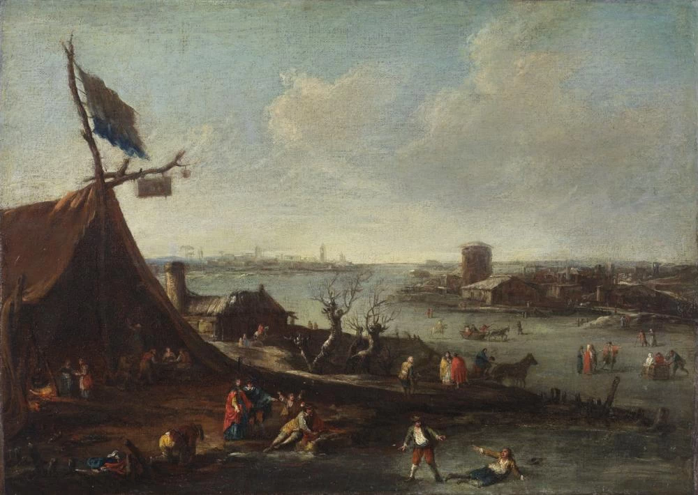 Fiume ghiacciato con personaggi